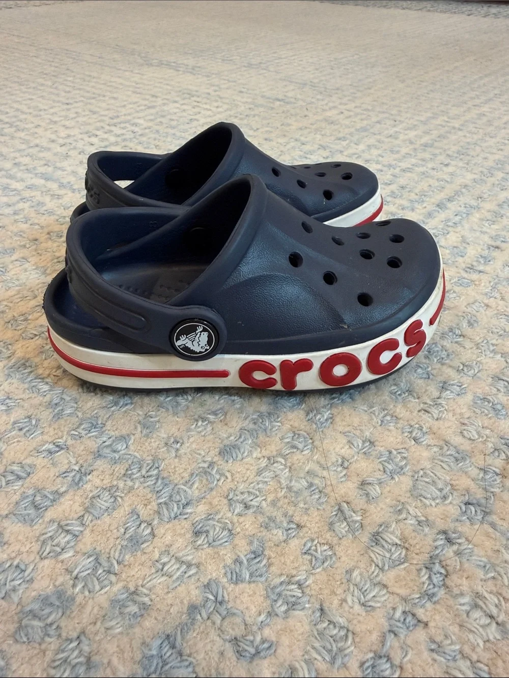 CROCS Kids Navy Clogs with Red and White Trim
